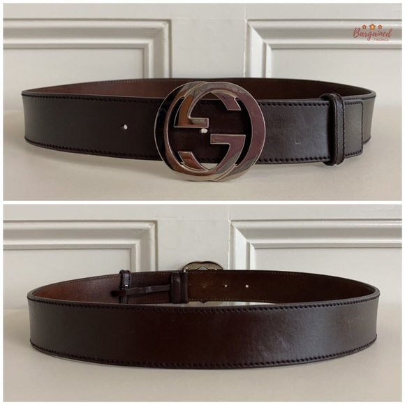 Authentic Gucci Brown Calfskin Leather Silver Interlocking G Buckle Belt 85/34 - Picture 5 of 13